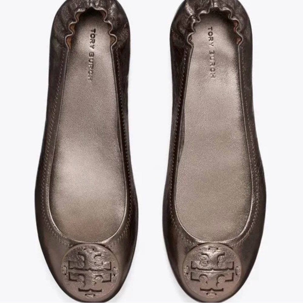 Tory Burch Metallic Ballet Flats with Embossed Logo Color is Spring Pewter